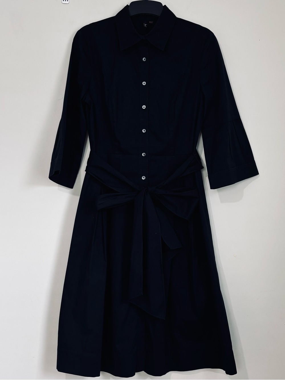 T Tahari Office black cotton button up 3/4 long sleeve belted A-line shirt dress
